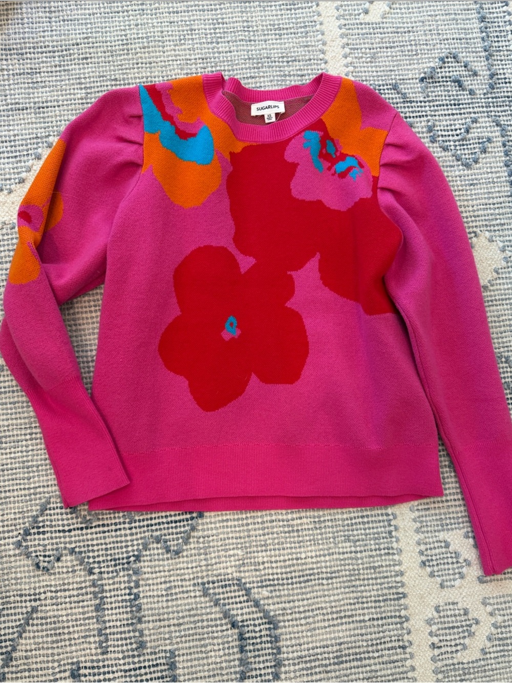 Sugarlips Hot Pink Crewneck Sweater with Red, Orange & Teal Floral Motif